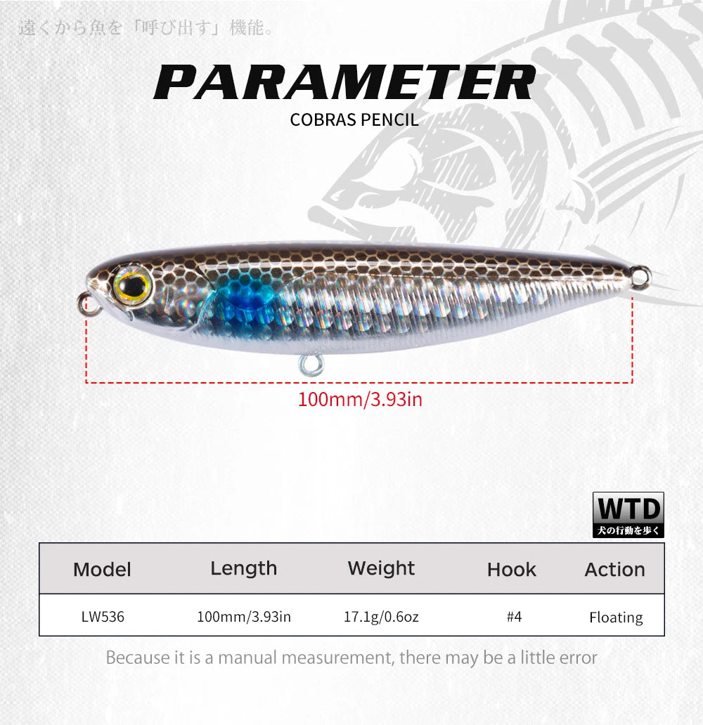 Floating Topwater Pencil Fishing Lure -100mm 17.1g Saltwater For Bass Tackle