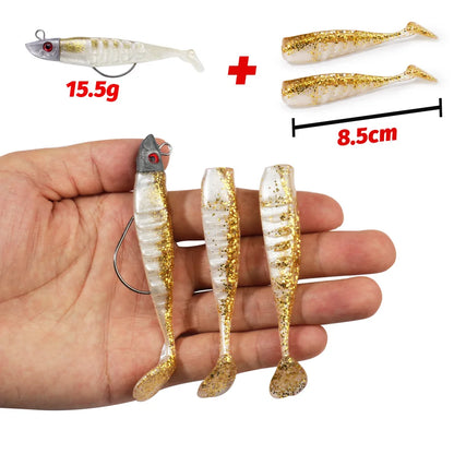 3-Piece Soft T-Tail Worm Lure Kit | Jig Head Hook | 15.5g & 26g | Sea Bass Swimbait