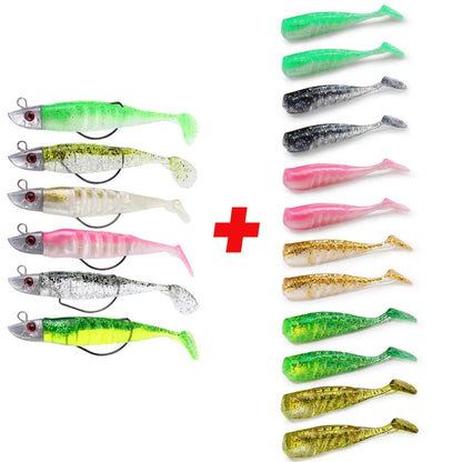 3-Piece Soft T-Tail Worm Lure Kit | Jig Head Hook | 15.5g & 26g | Sea Bass Swimbait