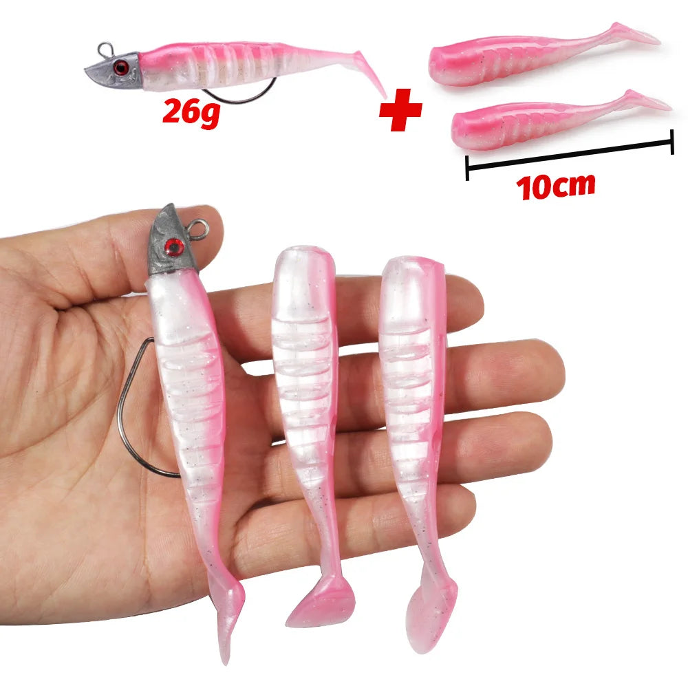 3-Piece Soft T-Tail Worm Lure Kit | Jig Head Hook | 15.5g & 26g | Sea Bass Swimbait
