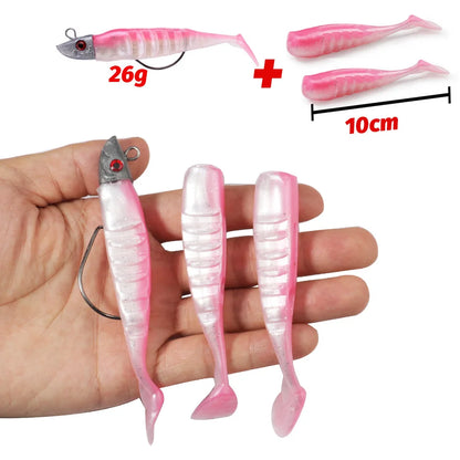 3-Piece Soft T-Tail Worm Lure Kit | Jig Head Hook | 15.5g & 26g | Sea Bass Swimbait