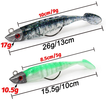 3-Piece Soft T-Tail Worm Lure Kit | Jig Head Hook | 15.5g & 26g | Sea Bass Swimbait