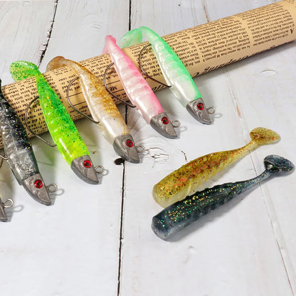 3-Piece Soft T-Tail Worm Lure Kit | Jig Head Hook | 15.5g & 26g | Sea Bass Swimbait