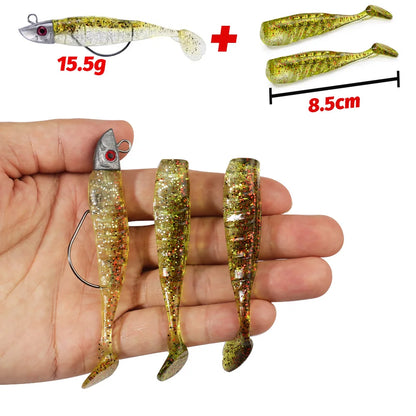 3-Piece Soft T-Tail Worm Lure Kit | Jig Head Hook | 15.5g & 26g | Sea Bass Swimbait