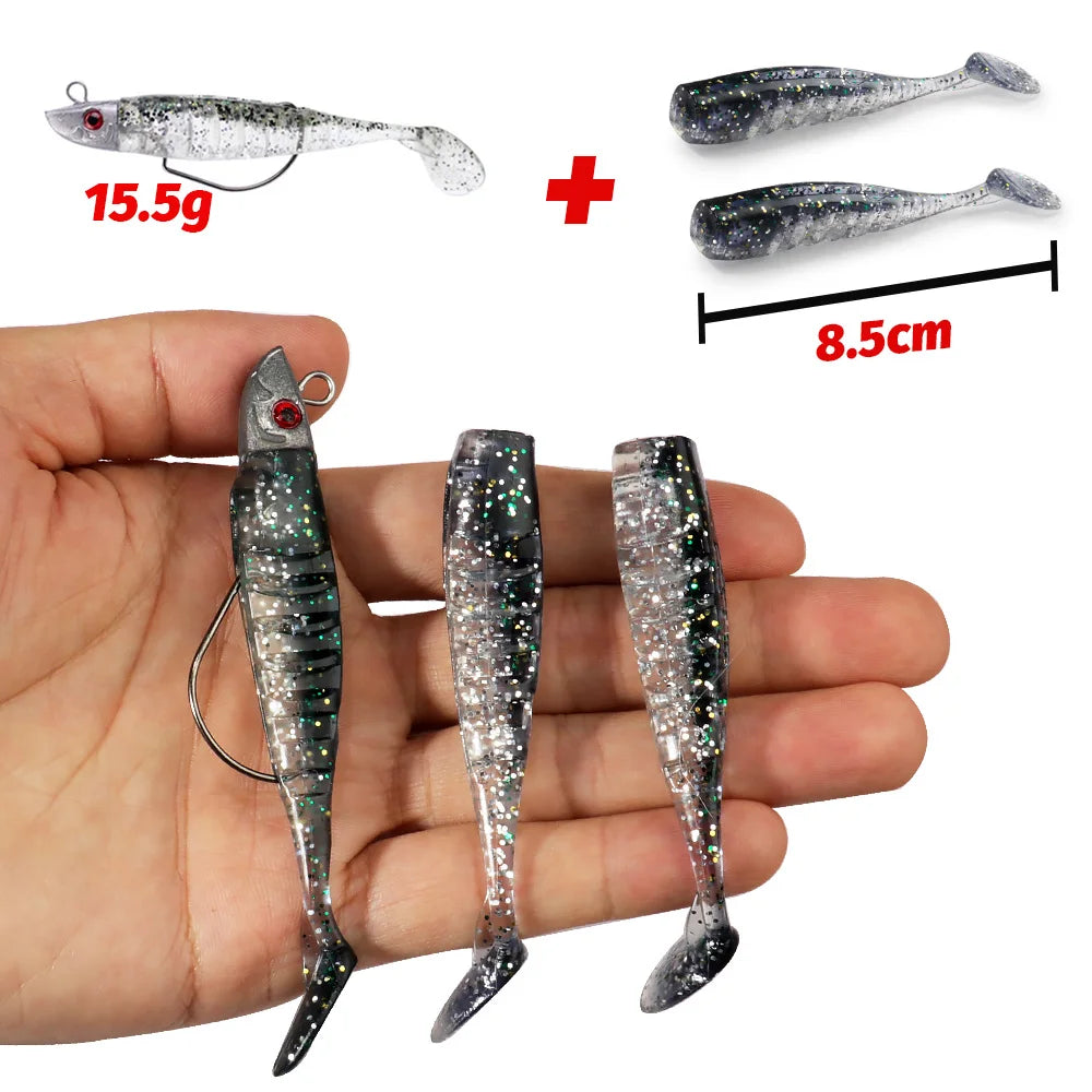 3-Piece Soft T-Tail Worm Lure Kit | Jig Head Hook | 15.5g & 26g | Sea Bass Swimbait