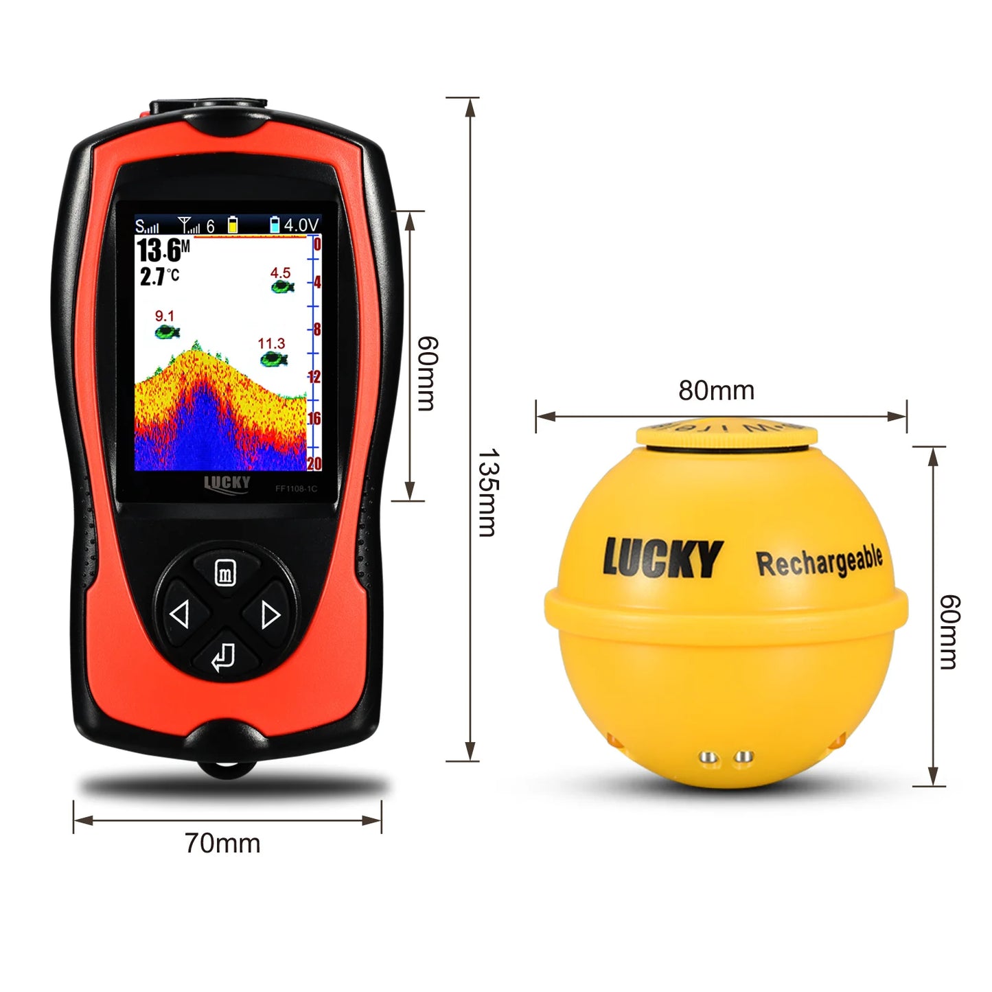 Lucky Sonar Fish Finder FF1108-1CWLA – Rechargeable Wireless Depth Echo Sounder with 45M Range
