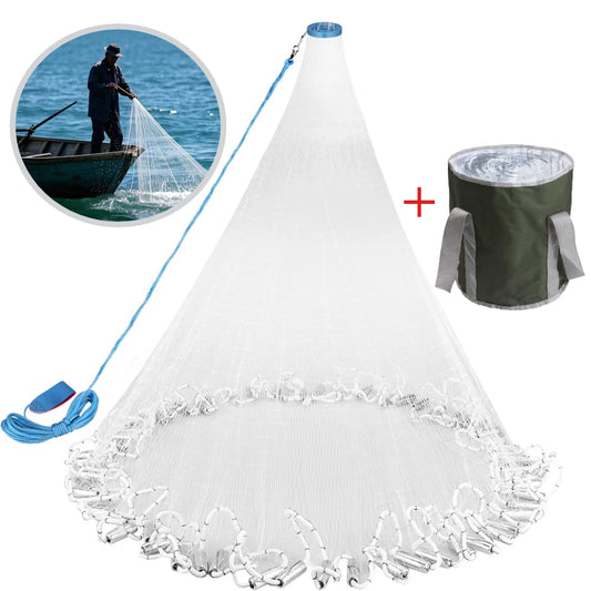 Heavy Duty Fishing Cast Net – Zinc Sinker Monofilament Throw Net with Folding Bucket