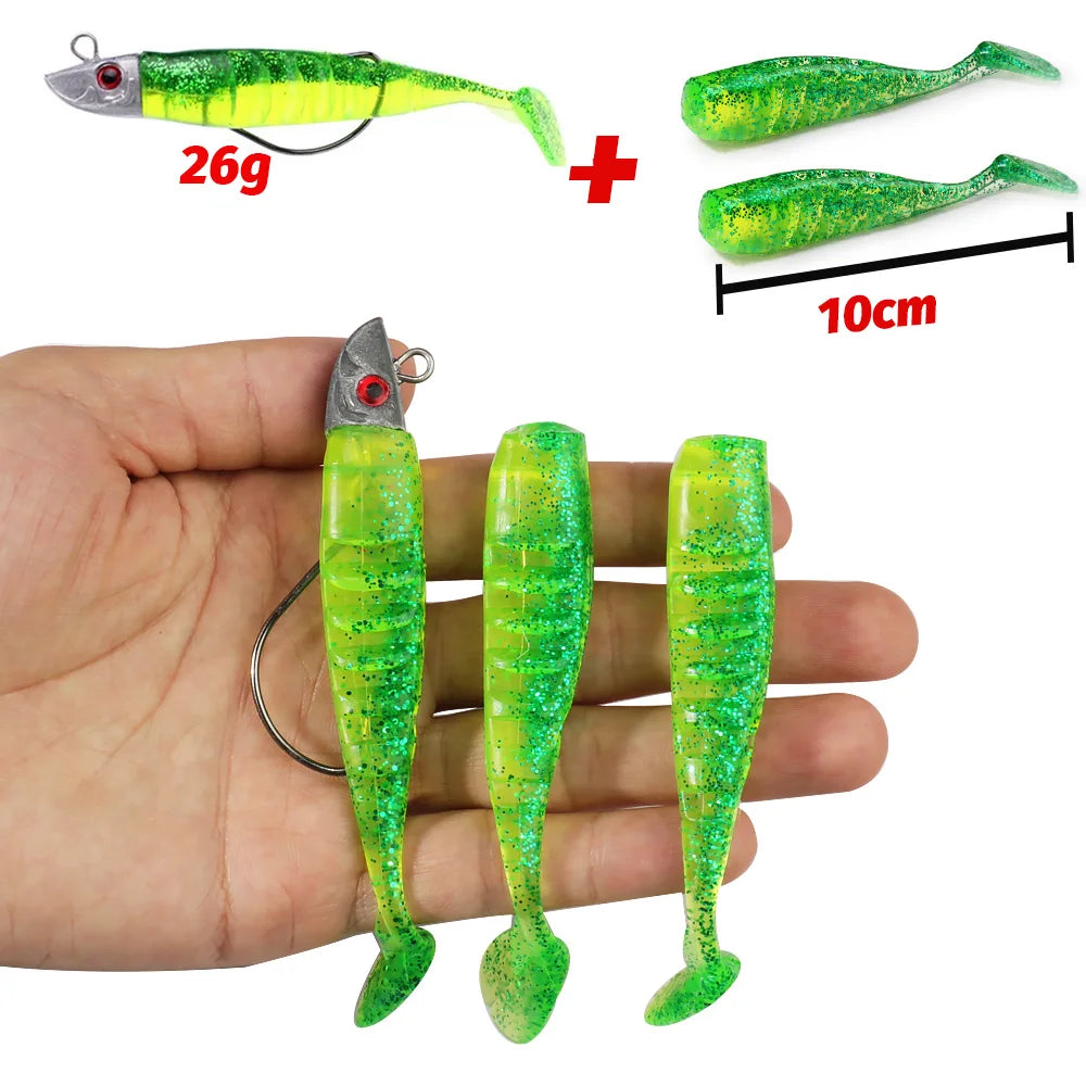 3-Piece Soft T-Tail Worm Lure Kit | Jig Head Hook | 15.5g & 26g | Sea Bass Swimbait