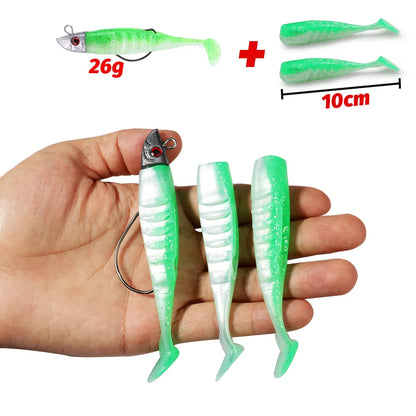 3-Piece Soft T-Tail Worm Lure Kit | Jig Head Hook | 15.5g & 26g | Sea Bass Swimbait