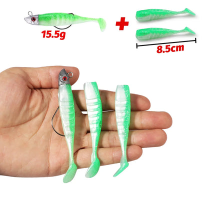 3-Piece Soft T-Tail Worm Lure Kit | Jig Head Hook | 15.5g & 26g | Sea Bass Swimbait