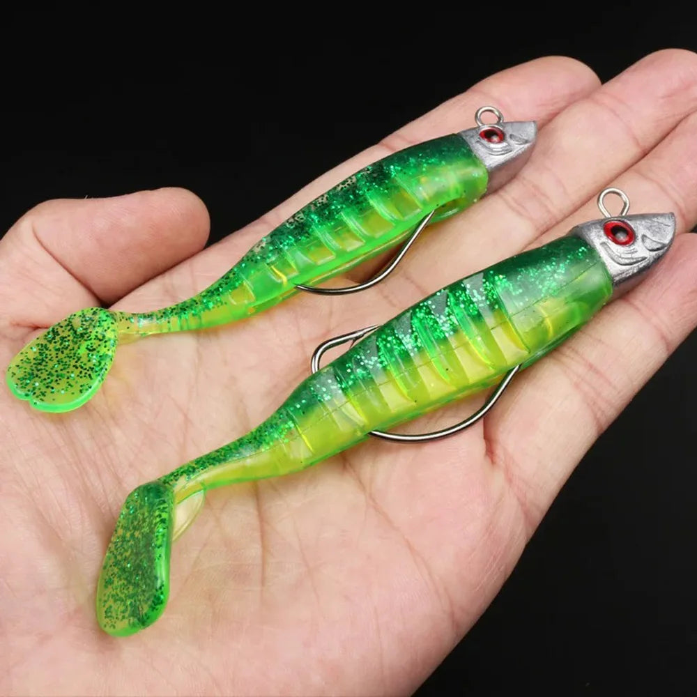 3-Piece Soft T-Tail Worm Lure Kit | Jig Head Hook | 15.5g & 26g | Sea Bass Swimbait