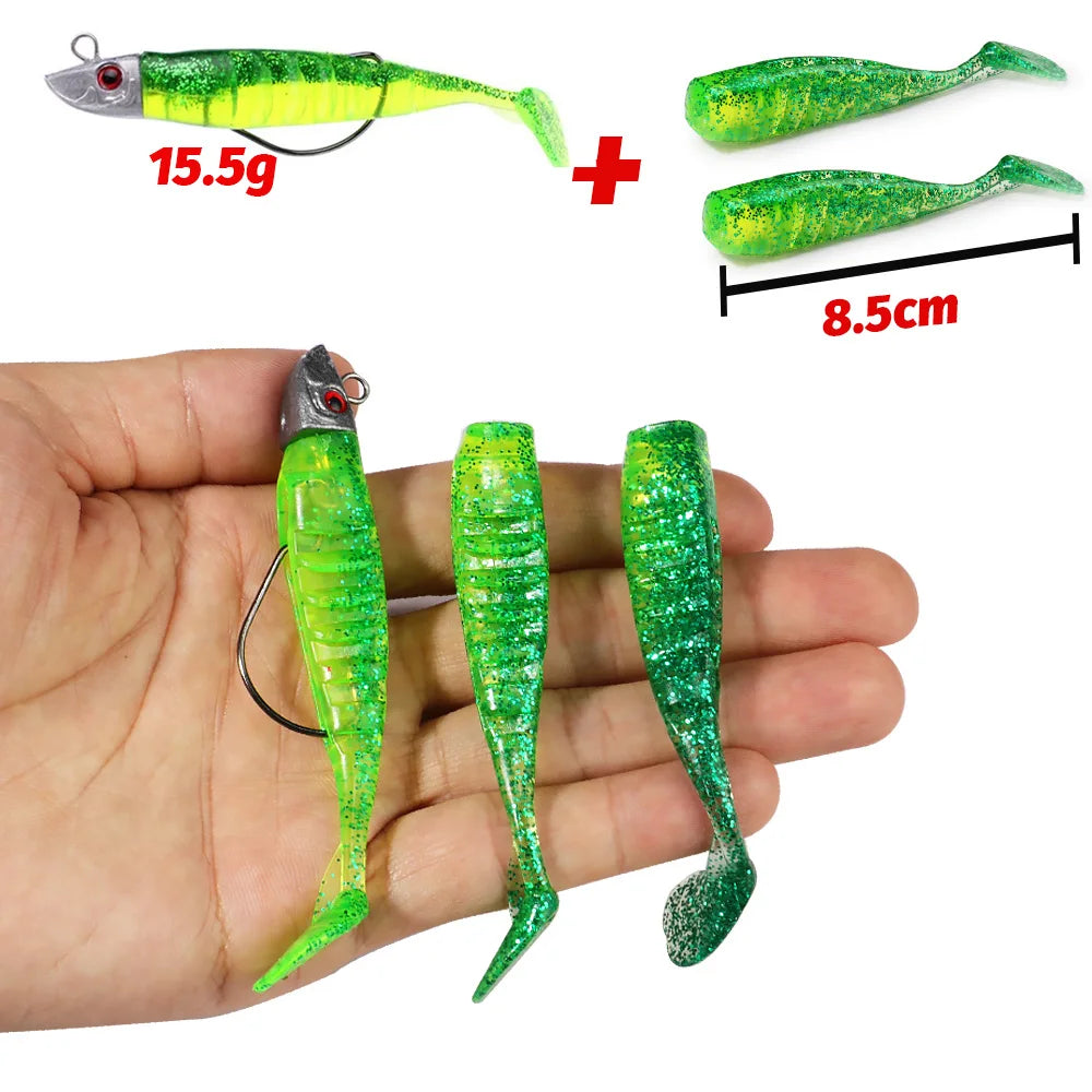 3-Piece Soft T-Tail Worm Lure Kit | Jig Head Hook | 15.5g & 26g | Sea Bass Swimbait