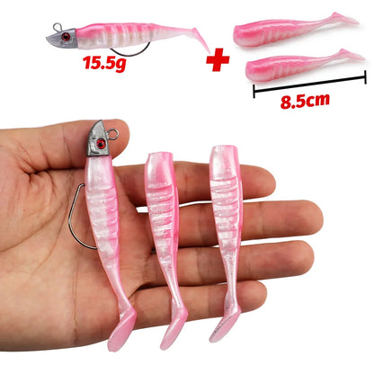 3-Piece Soft T-Tail Worm Lure Kit | Jig Head Hook | 15.5g & 26g | Sea Bass Swimbait
