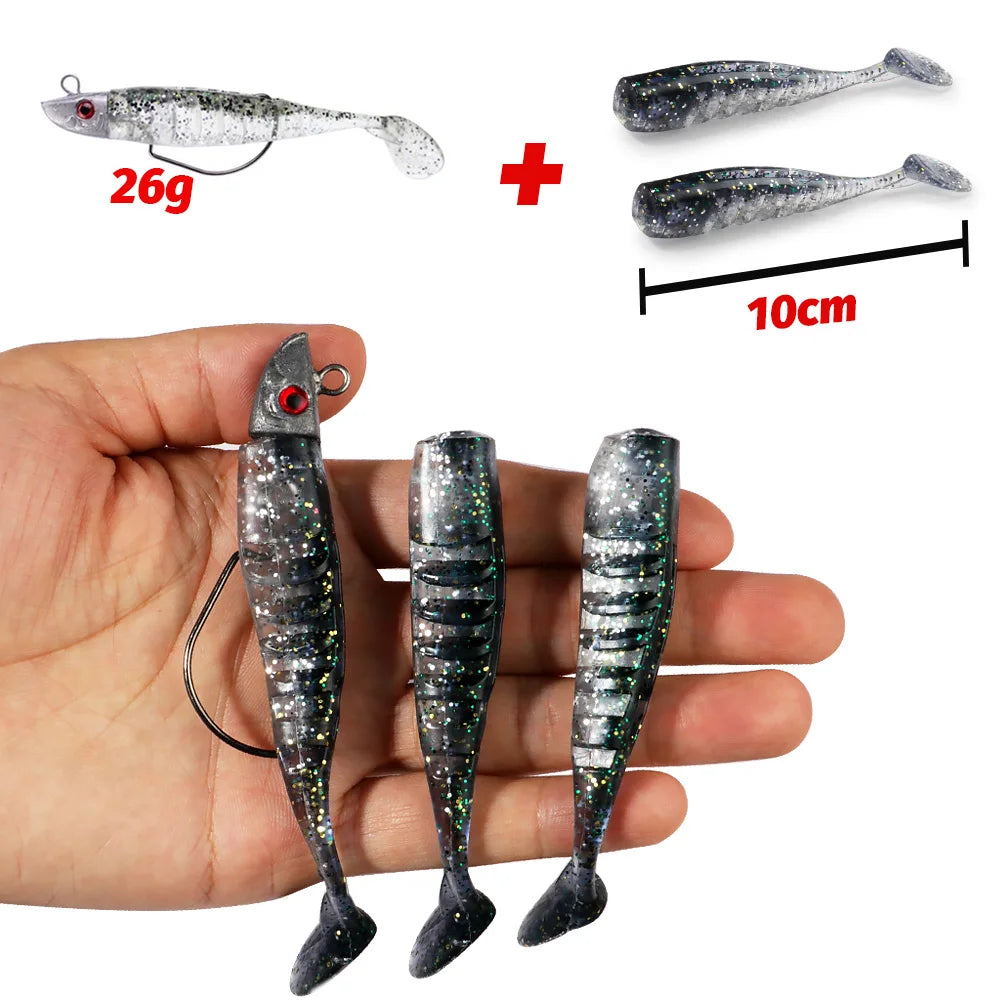 3-Piece Soft T-Tail Worm Lure Kit | Jig Head Hook | 15.5g & 26g | Sea Bass Swimbait