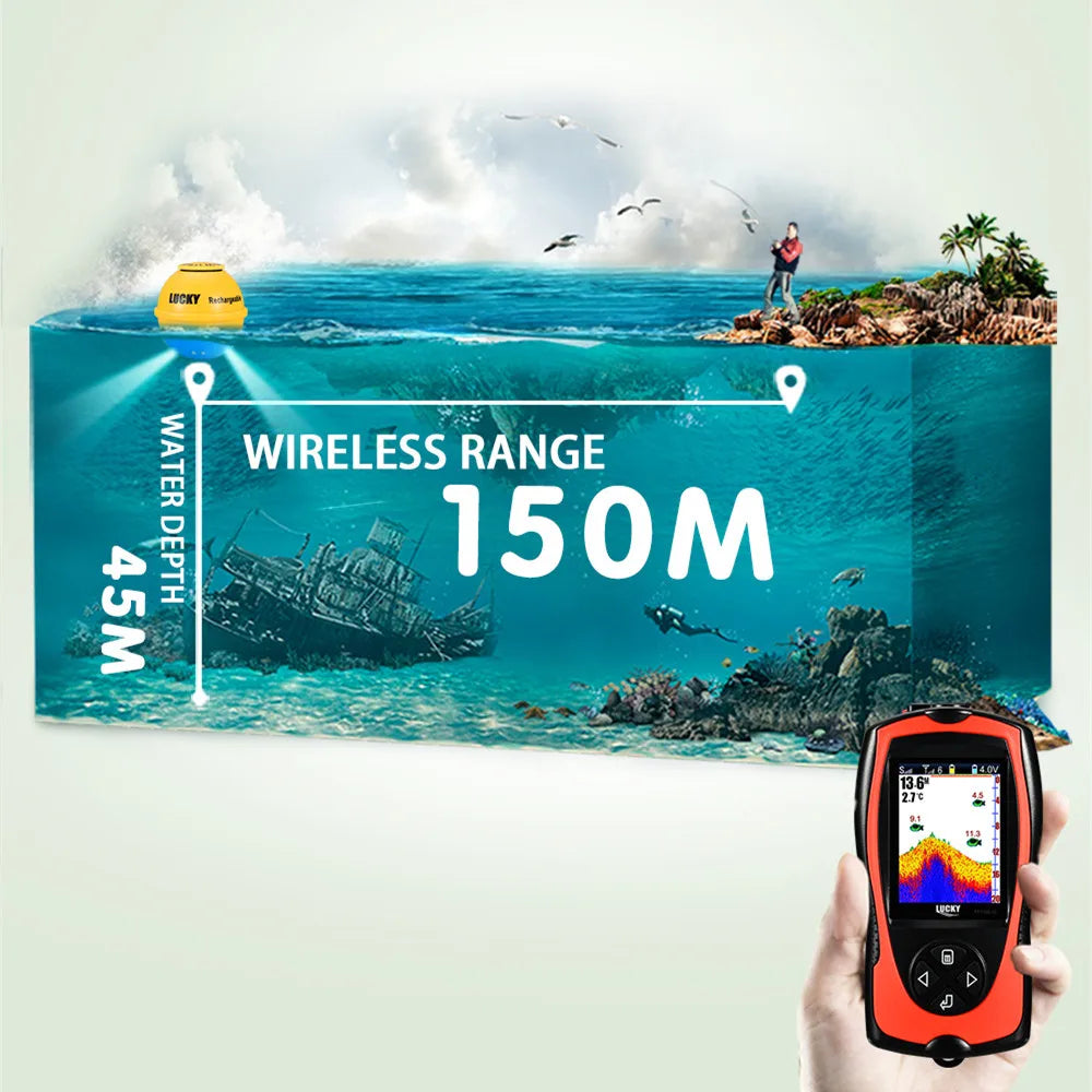 Lucky Sonar Fish Finder FF1108-1CWLA – Rechargeable Wireless Depth Echo Sounder with 45M Range