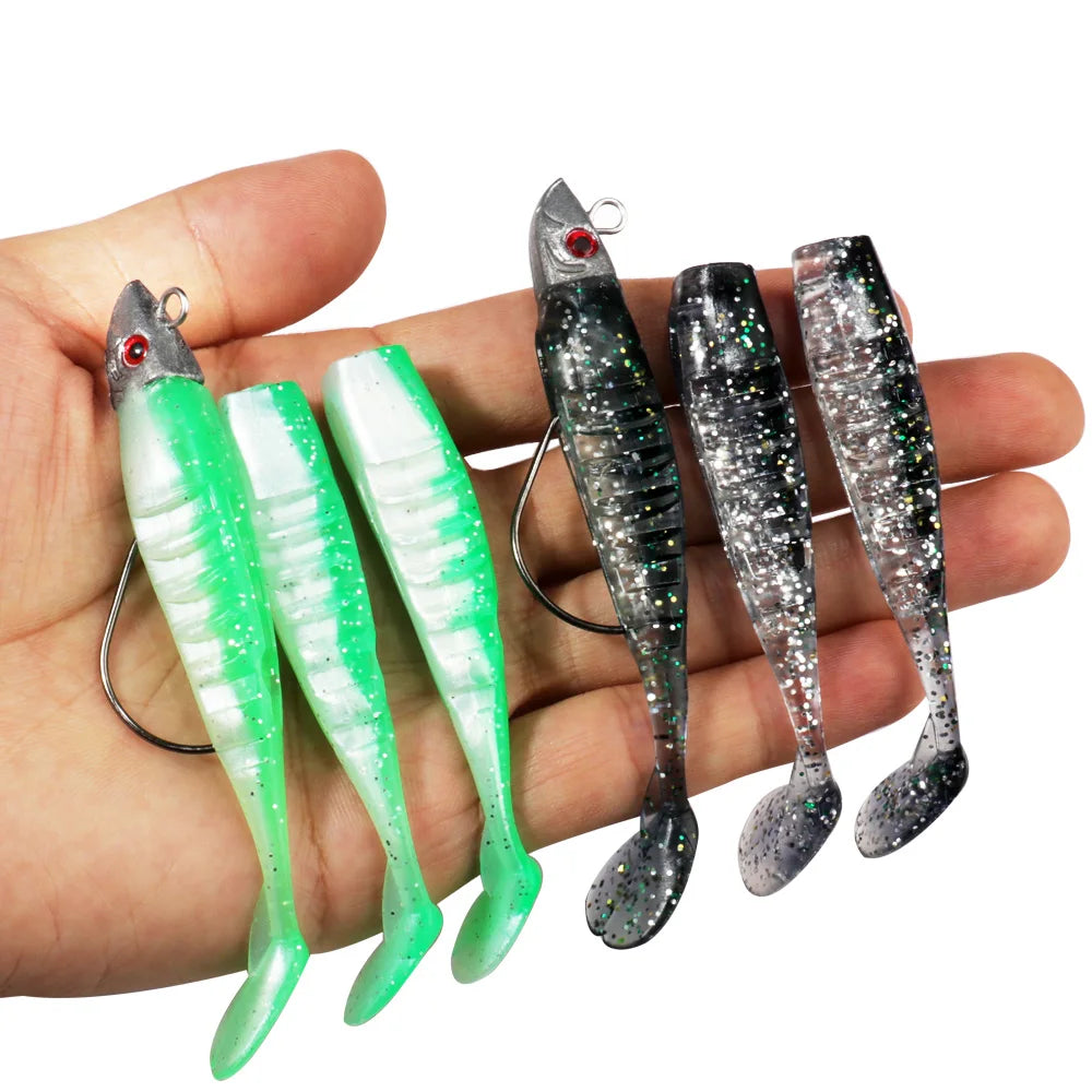 3-Piece Soft T-Tail Worm Lure Kit | Jig Head Hook | 15.5g & 26g | Sea Bass Swimbait