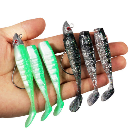 3-Piece Soft T-Tail Worm Lure Kit | Jig Head Hook | 15.5g & 26g | Sea Bass Swimbait