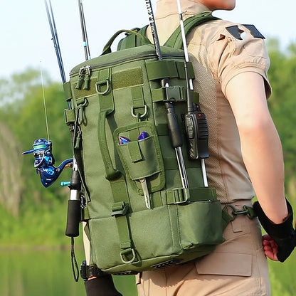 Tactical Fishing Backpack – Waterproof Tackle Bag with Rod Holders and Molle System for Outdoor Adventures