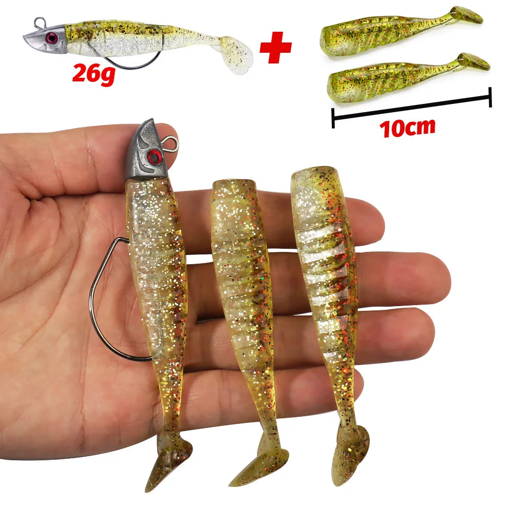 3-Piece Soft T-Tail Worm Lure Kit | Jig Head Hook | 15.5g & 26g | Sea Bass Swimbait
