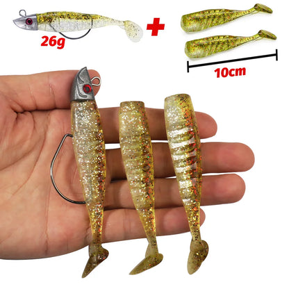 3-Piece Soft T-Tail Worm Lure Kit | Jig Head Hook | 15.5g & 26g | Sea Bass Swimbait