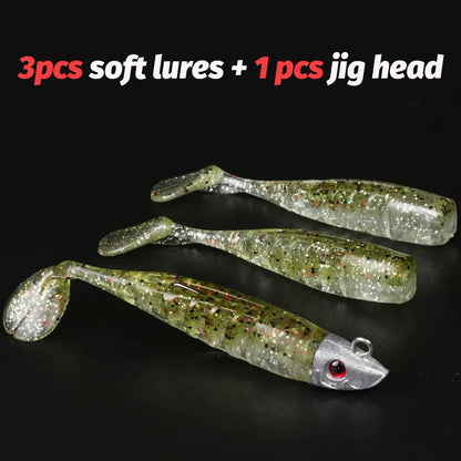 3-Piece Soft T-Tail Worm Lure Kit | Jig Head Hook | 15.5g & 26g | Sea Bass Swimbait