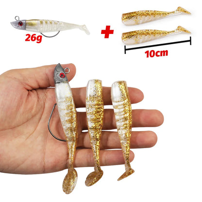 3-Piece Soft T-Tail Worm Lure Kit | Jig Head Hook | 15.5g & 26g | Sea Bass Swimbait