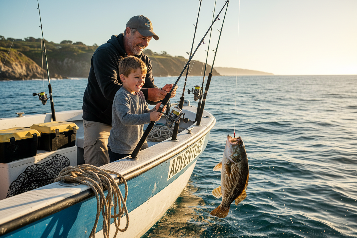 generate a father and son fishing off a boat in the ocean and catching calico bass